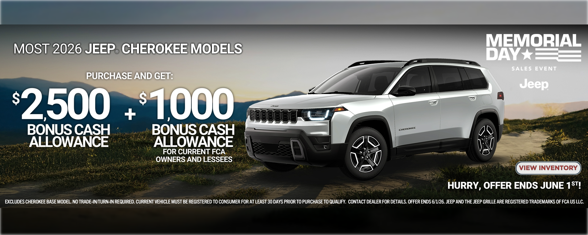 Get up to $3500 in Bonus Cash Allowance on most 2026 Jeep Cherokee Models.